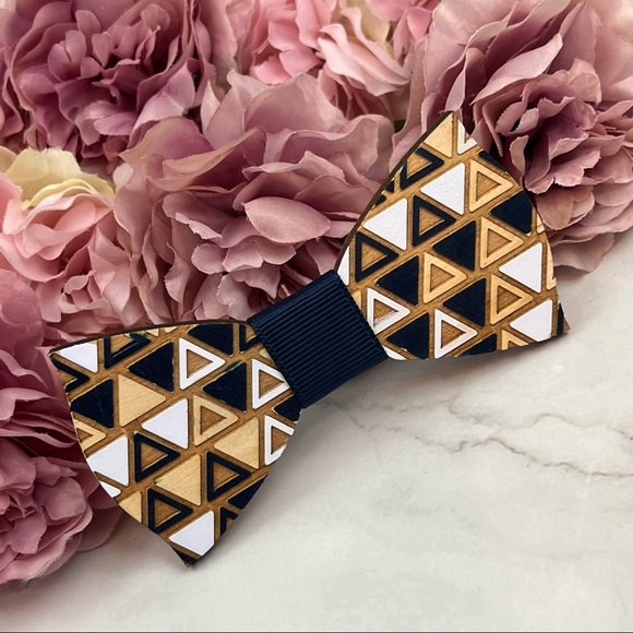 Hand Crafted Blue and White Geometric Wood Butterfly Bow Tie - Picture 5 of 16